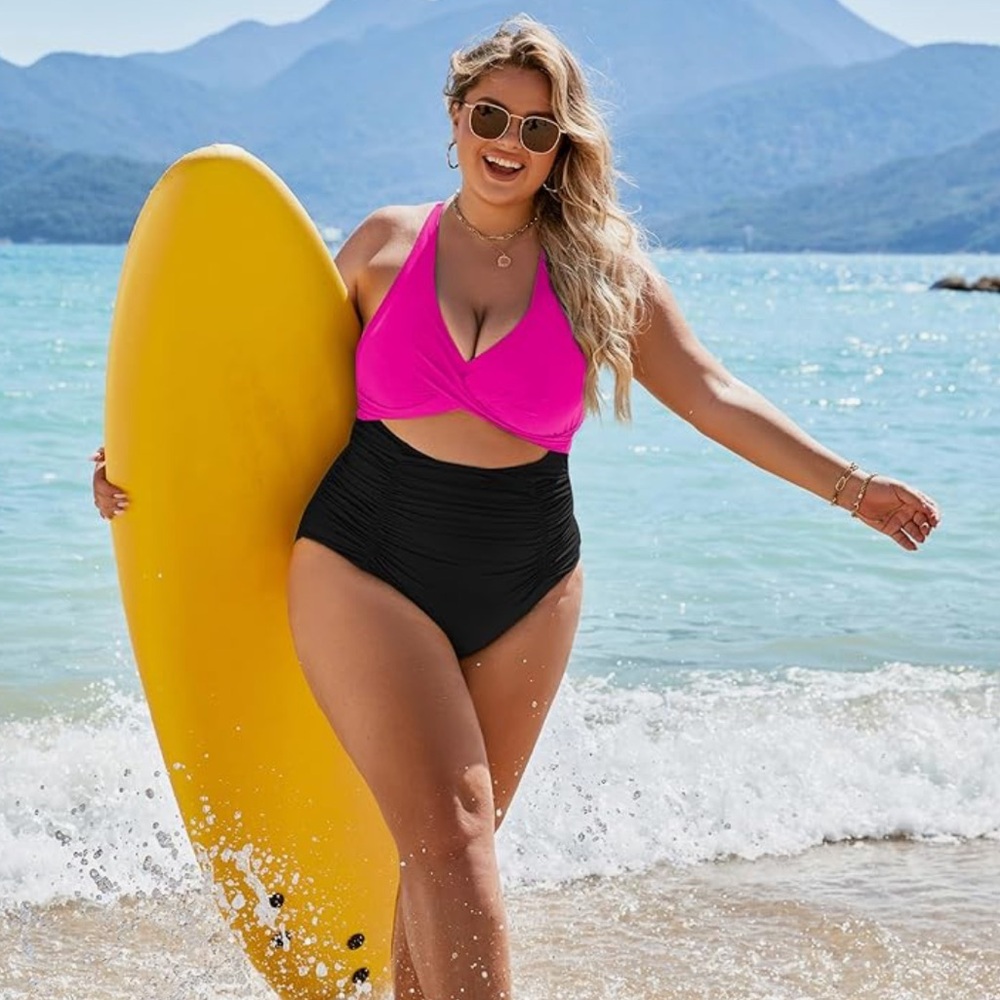 Pink and Black Women’s Push-up Tummy Control Cutout, Ruched One Piece Swimsuit